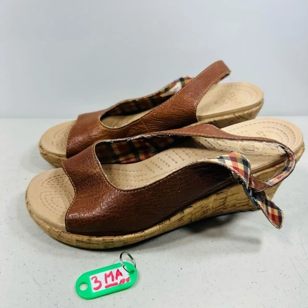 Crocs A-Leigh Brown Leather Slingback Cork Wedge Heels Sandals- Womens Size US 8